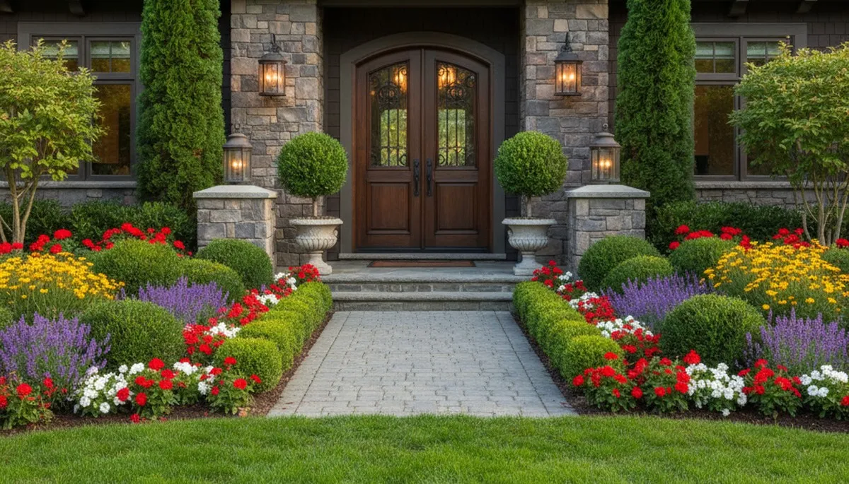 Front yard curb appeal design with colorful plants and trimmed shrubs by landscapers in Bellevue, NE
