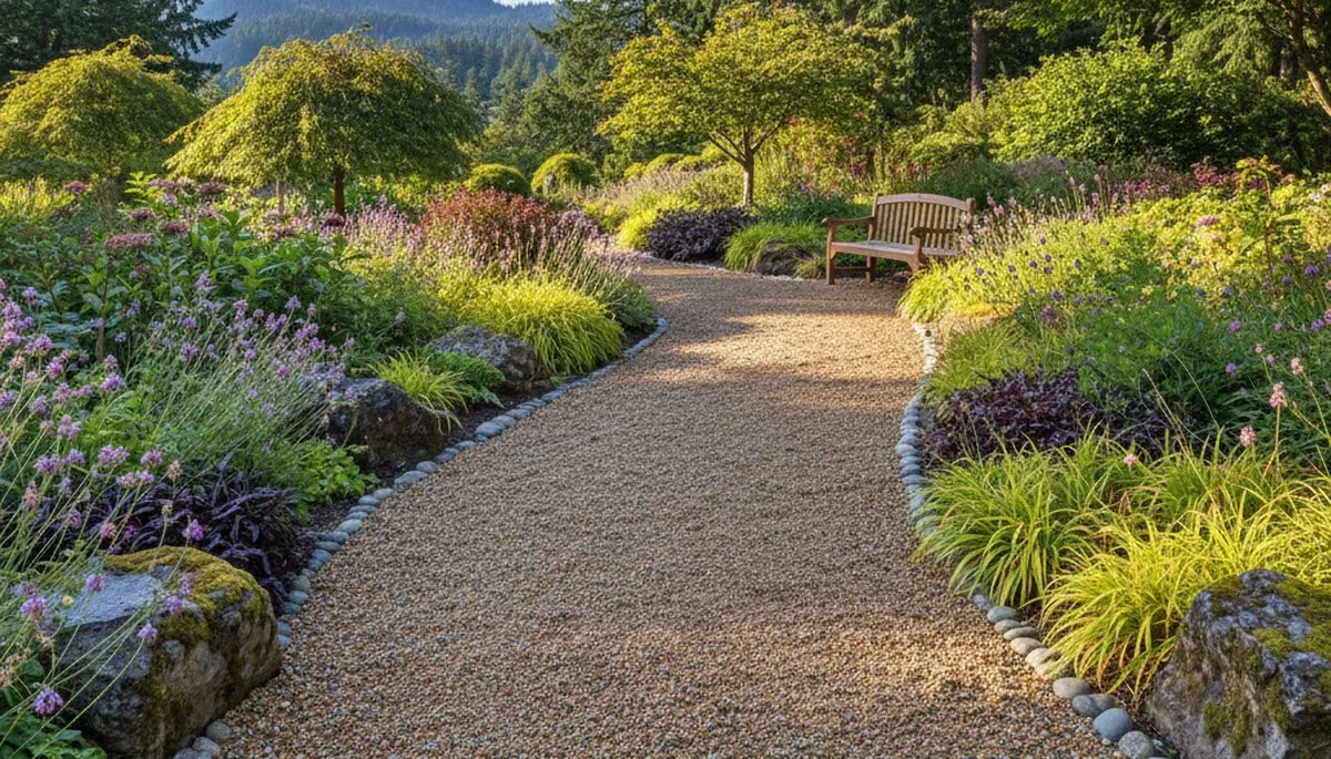Professional pea gravel garden path installation in Bellevue, NE landscape by Chop Chop Landscaping