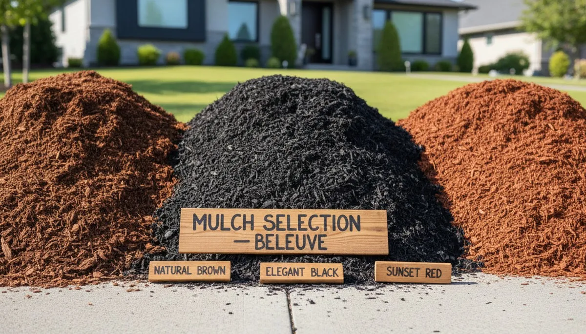 Brown, black, and red mulch variety display for landscaping projects in Bellevue, NE