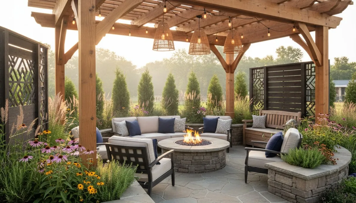 Outdoor living room with interlocking paver patio and pergola in Council Bluffs IA by Bellevue landscapers