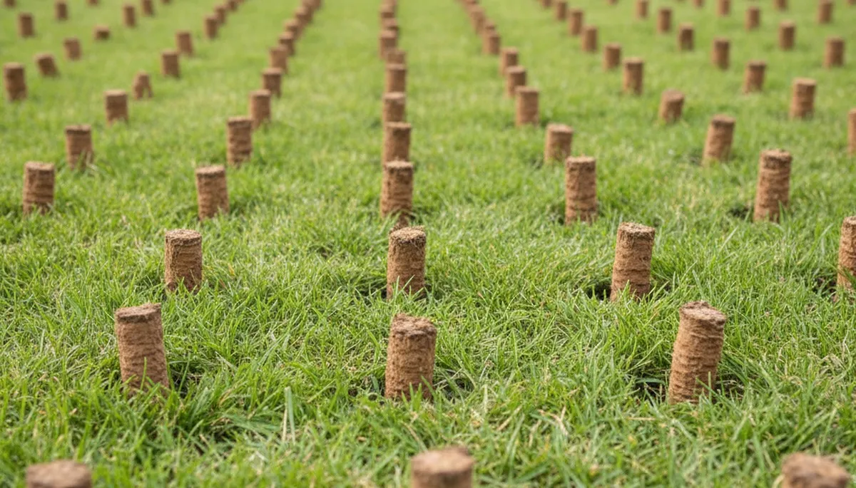 Close-up of soil core plugs after professional lawn aeration in Bellevue, NE by Chop Chop Landscaping
