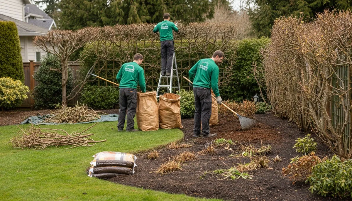 Spring yard cleanup and debris removal by professional landscapers in Bellevue, NE