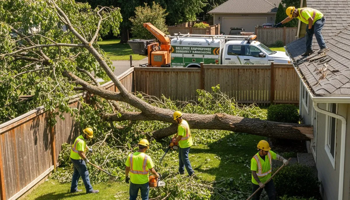 Storm debris and yard cleanup crew restoring a residential lawn in Bellevue, NE after storm damage